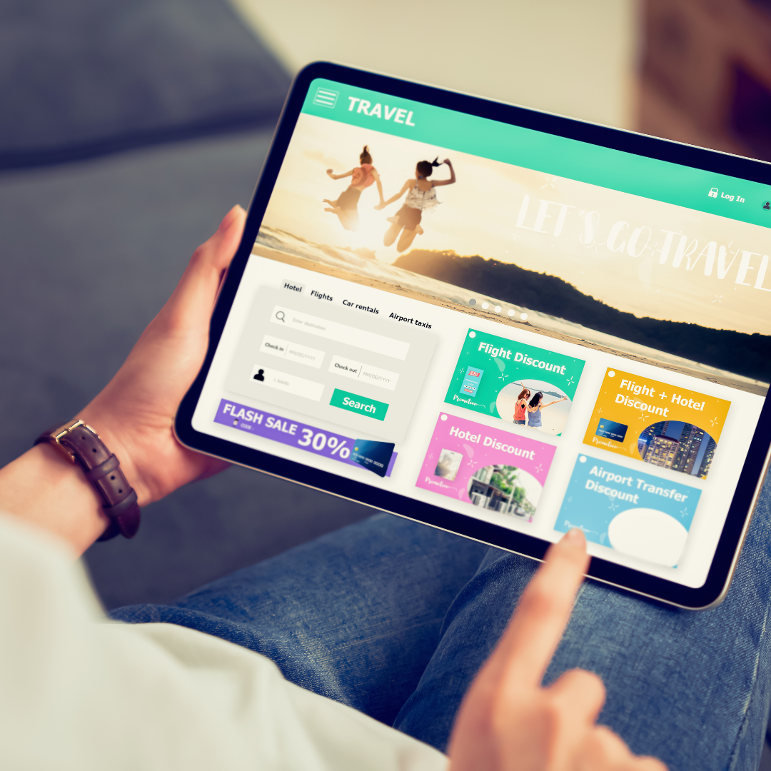 person browsing a travel website built using one of the BigCommerce themes in the marketplace